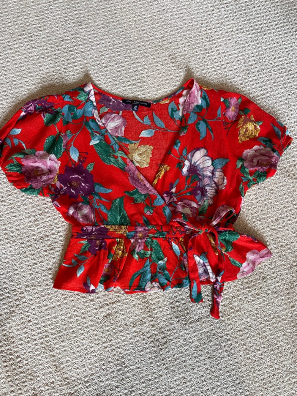 Red Floral Wrap Top